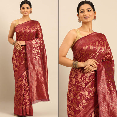 Magenta Floral Woven Cotton Silk Saree