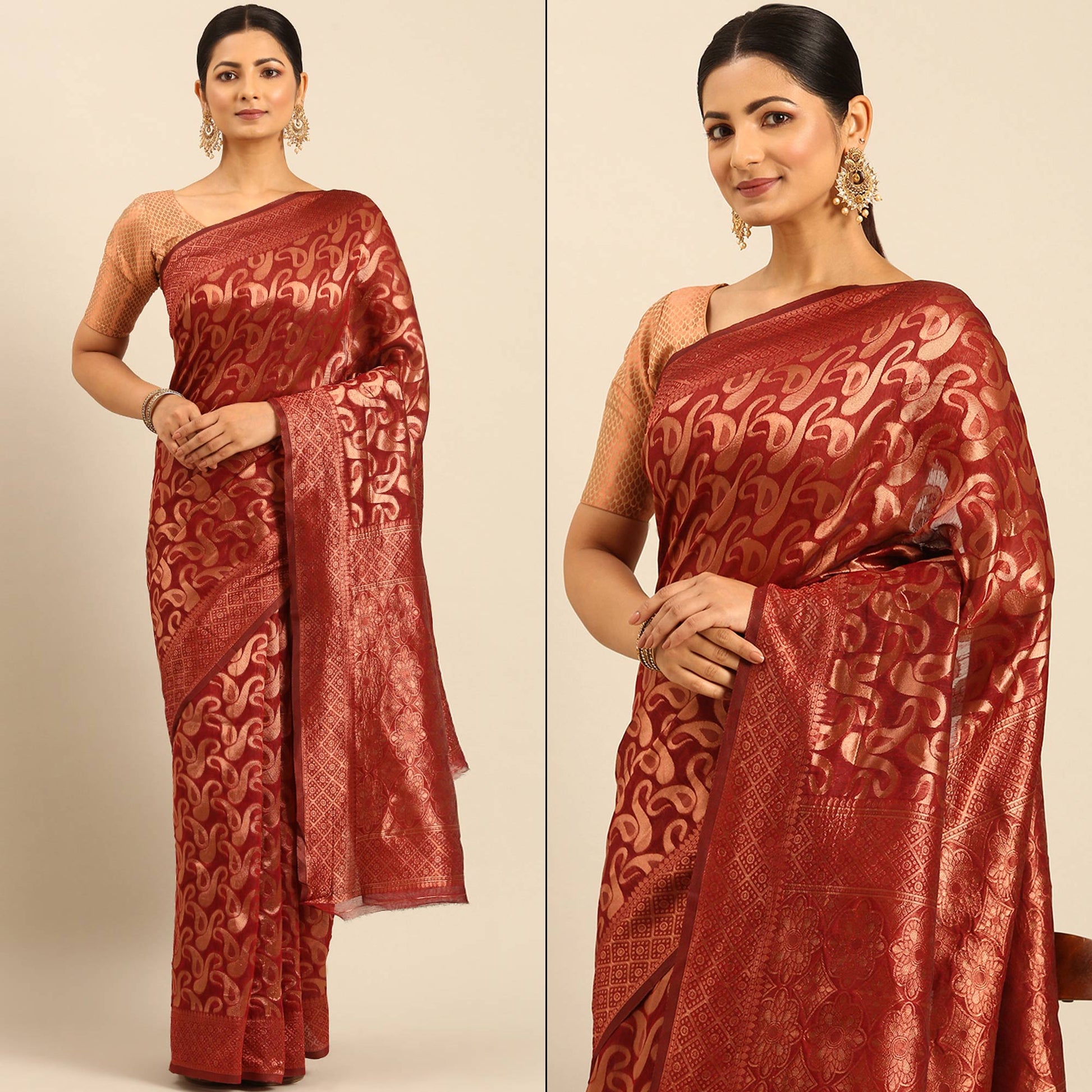 Maroon Floral Woven Cotton Silk Saree