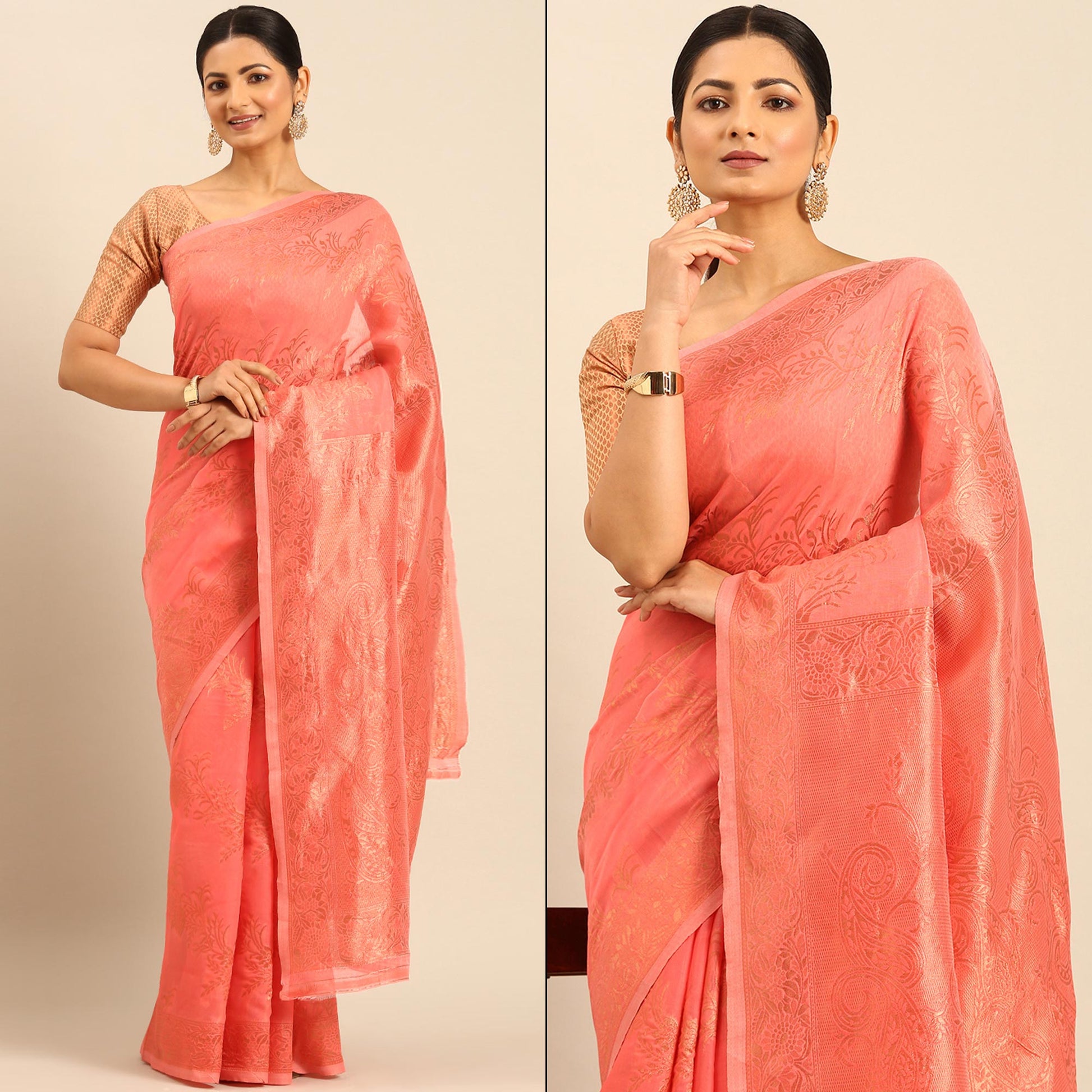 Gajari Pink Floral Woven Cotton Silk Saree