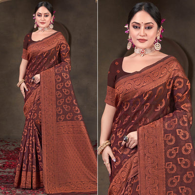 Burgundy Woven Cotton Silk Saree