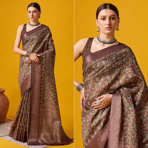 Brown Digital Printed Cotton Silk Saree With Border