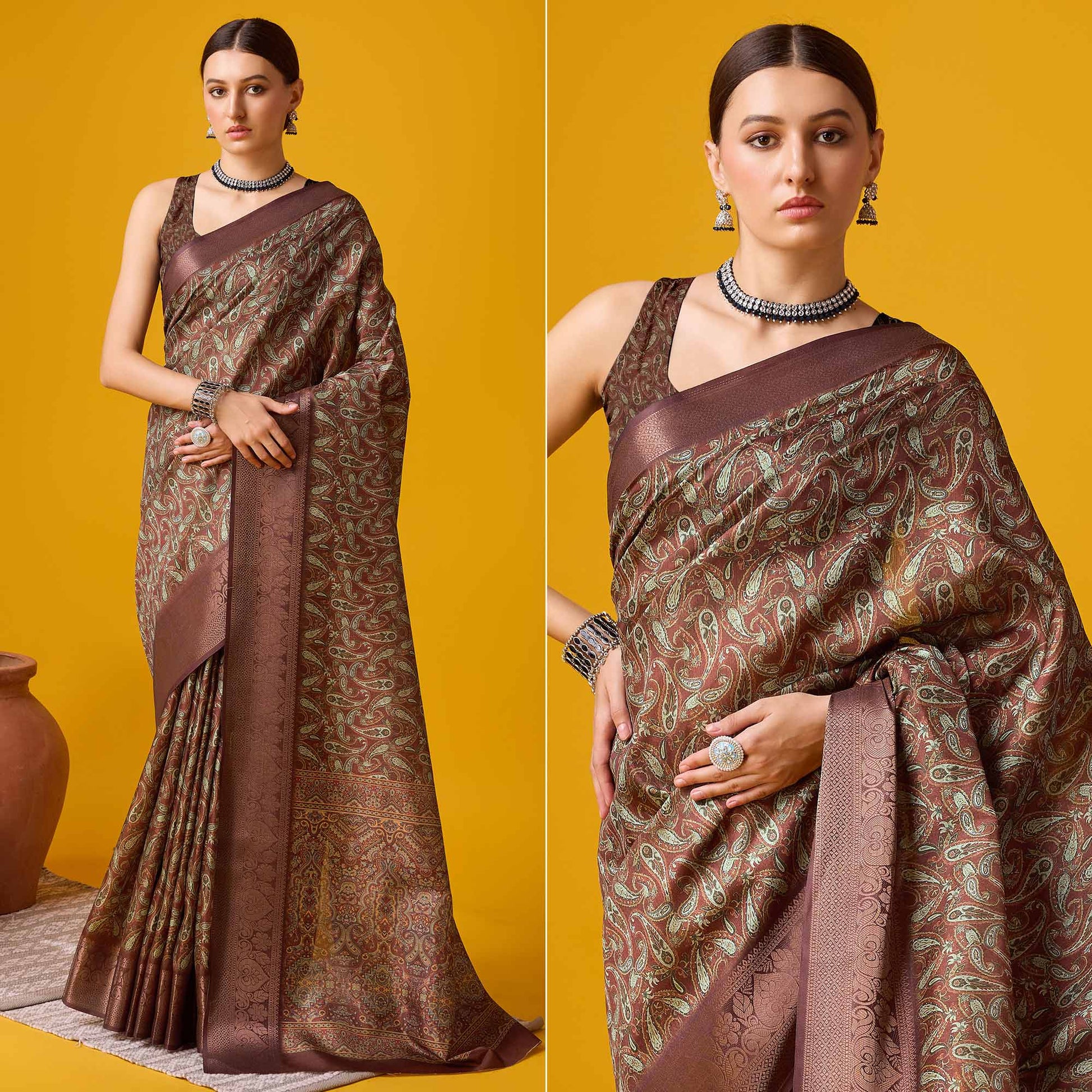 Brown Digital Printed Cotton Silk Saree With Border