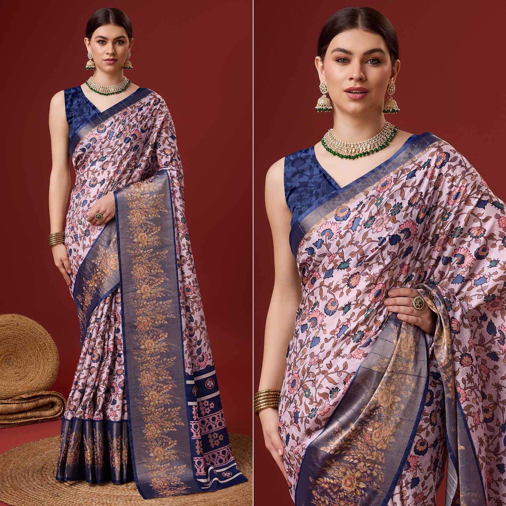 Light Pink Digital Printed Cotton Silk Saree With Border