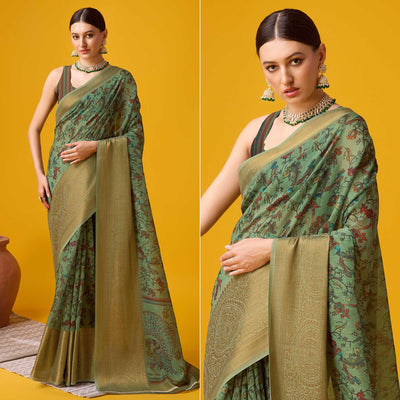 green-digital-printed-cotton-silk-saree-with-border
