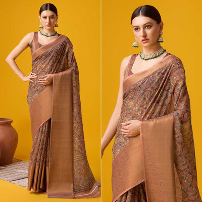 Brown Digital Printed Cotton Silk Saree With Border