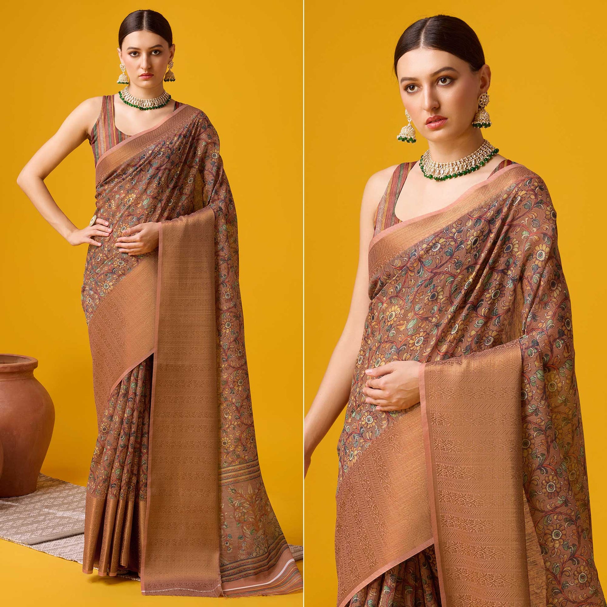 Brown Digital Printed Cotton Silk Saree With Border