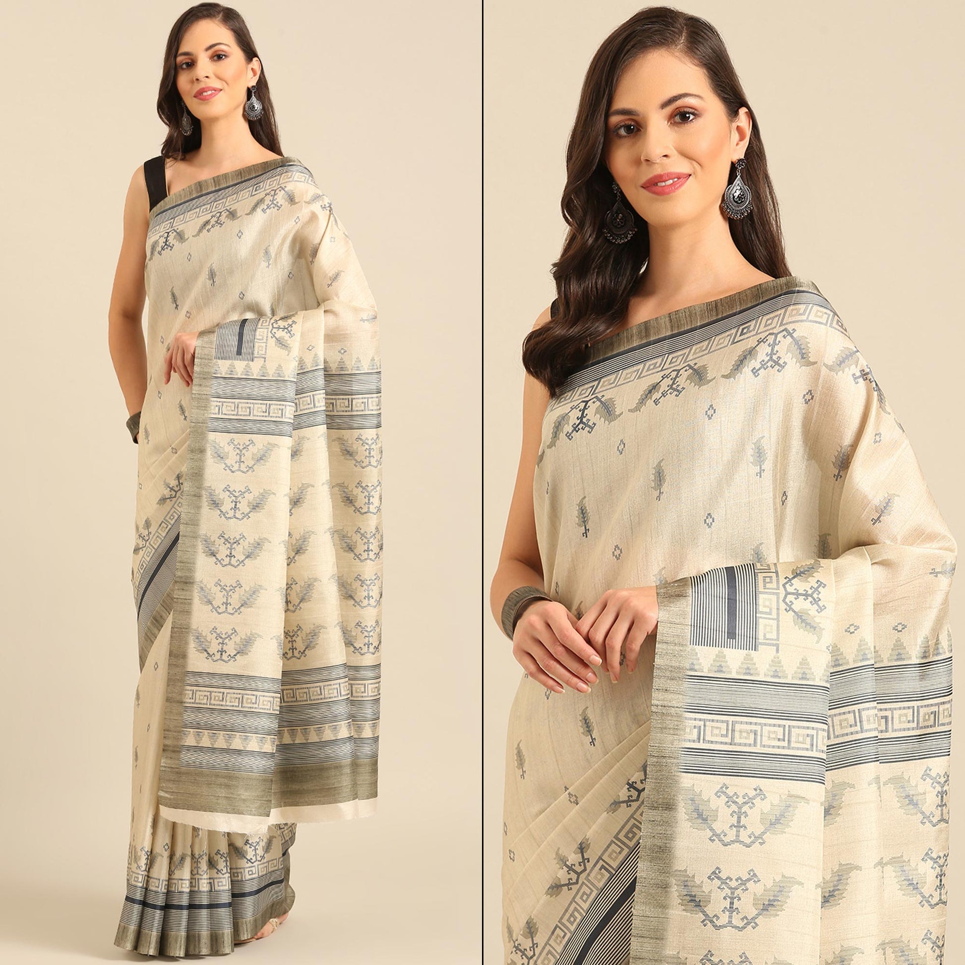 Cream Digital Print Cotton Blend Saree