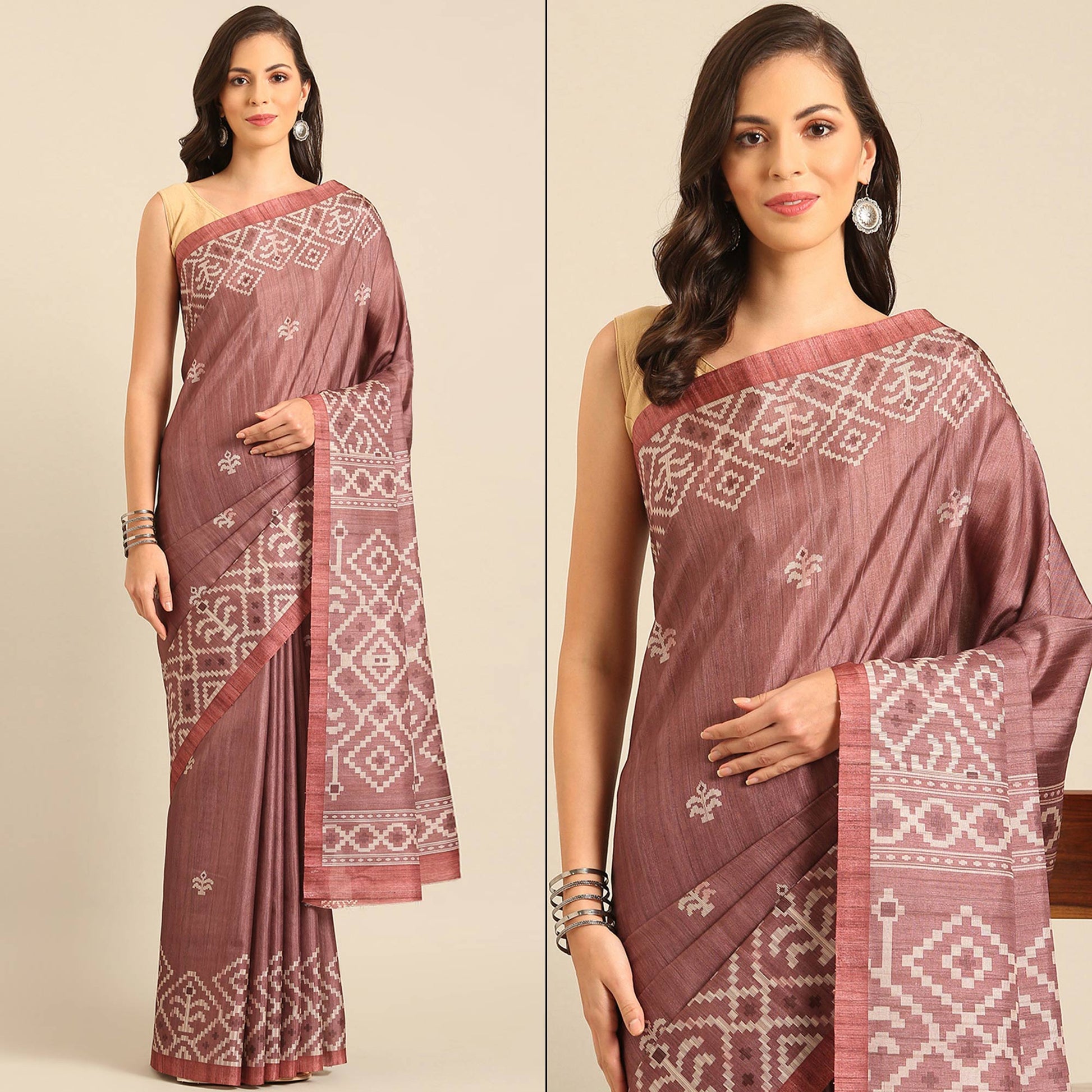 Dusty Rose Pink Digital Print Cotton Blend Saree