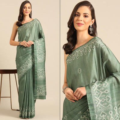 green-digital-print-cotton-blend-saree