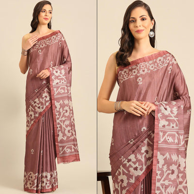 Dusty Rose Pink Digital Printed Cotton Blend Saree