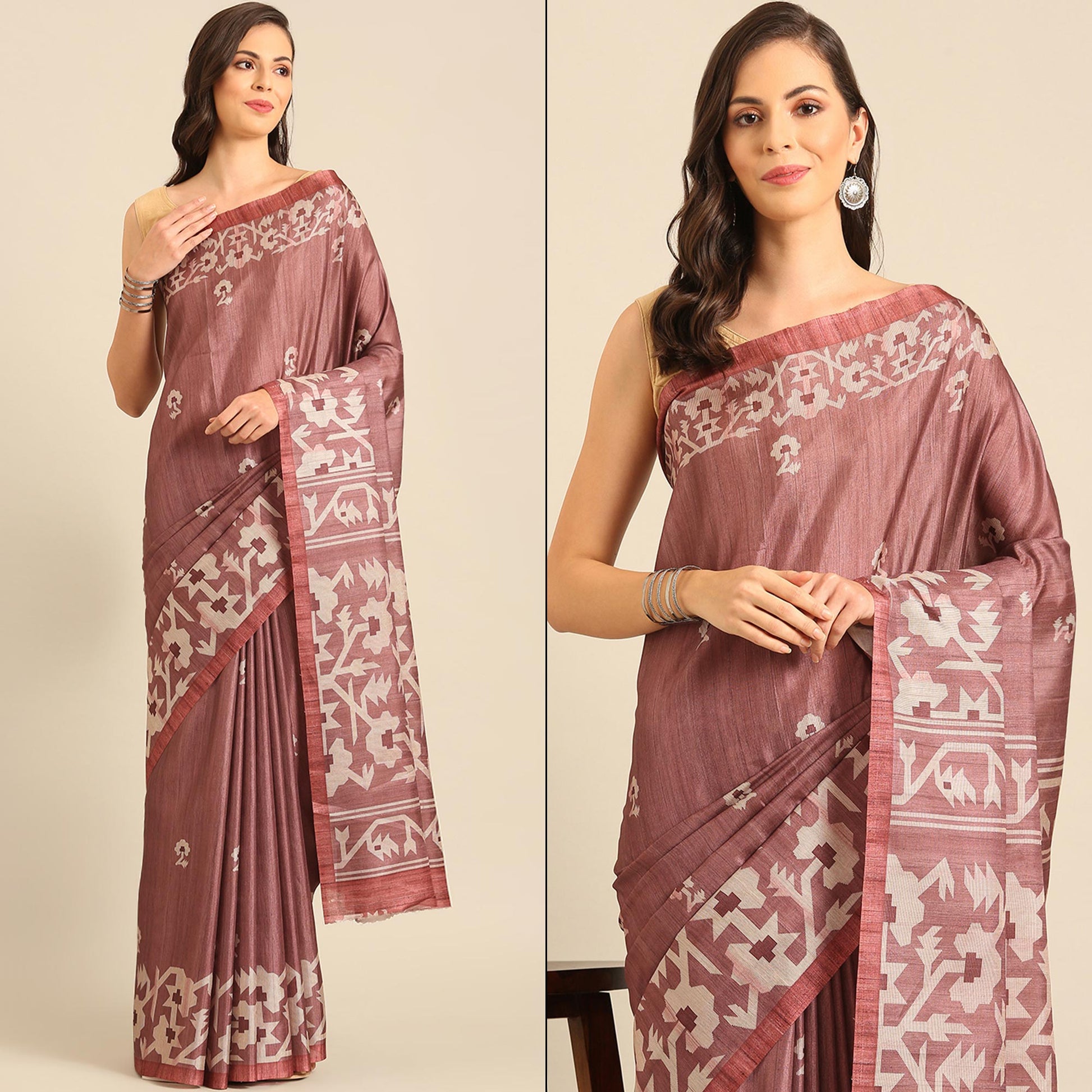 Dusty Rose Pink Digital Printed Cotton Blend Saree