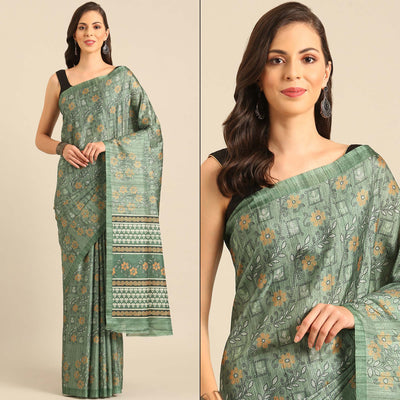 green-floral-digital-print-cotton-blend-saree
