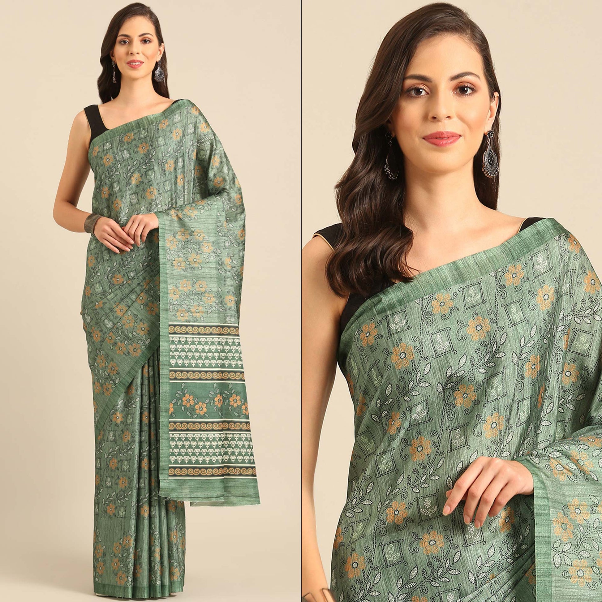 green-floral-digital-print-cotton-blend-saree