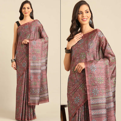 Dusty Rose Pink Floral Digital Printed Cotton Blend Saree