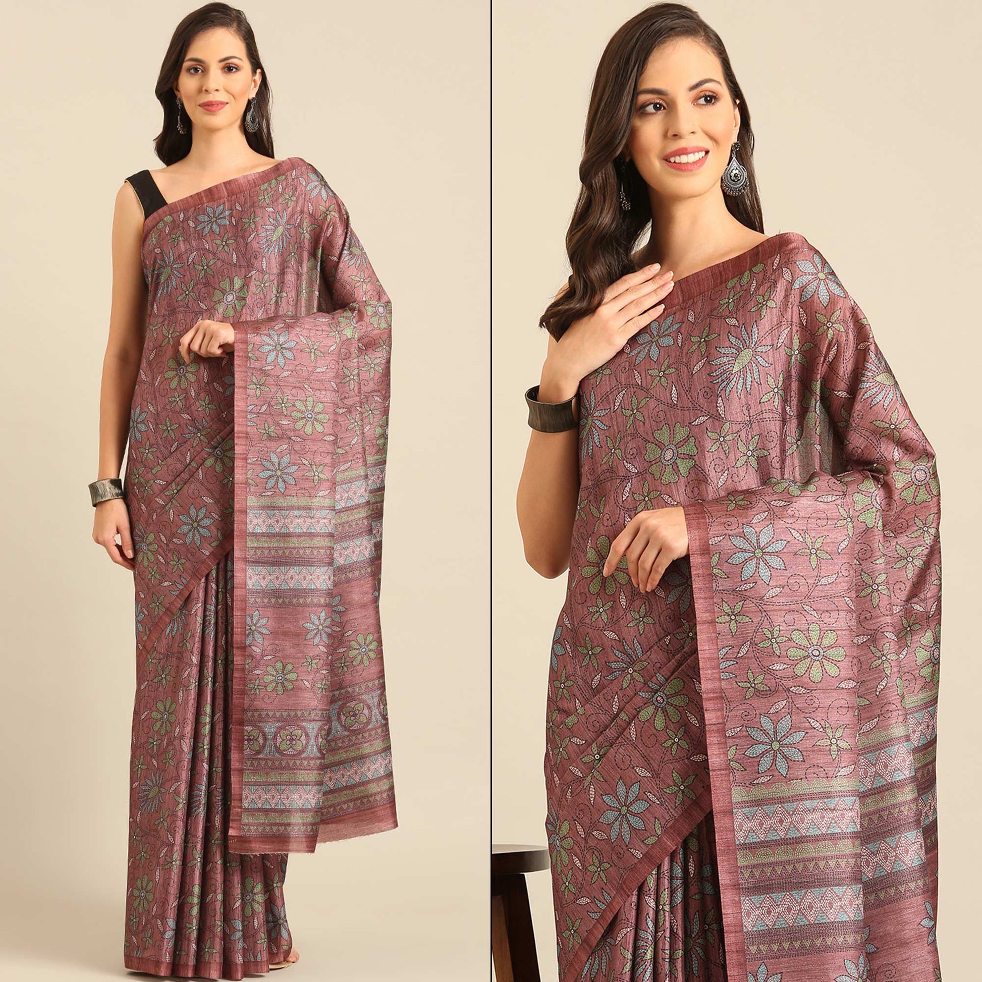 Dusty Rose Pink Floral Digital Printed Cotton Blend Saree