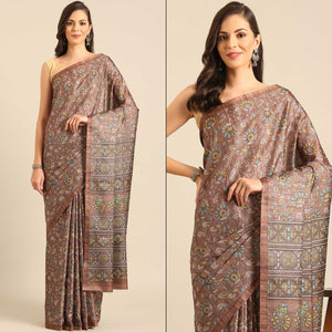 Brown Floral Digital Print Cotton Blend Saree