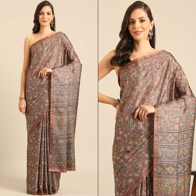 Brown Floral Digital Print Cotton Blend Saree