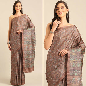 Brown Floral Digital Printed Cotton Blend Saree