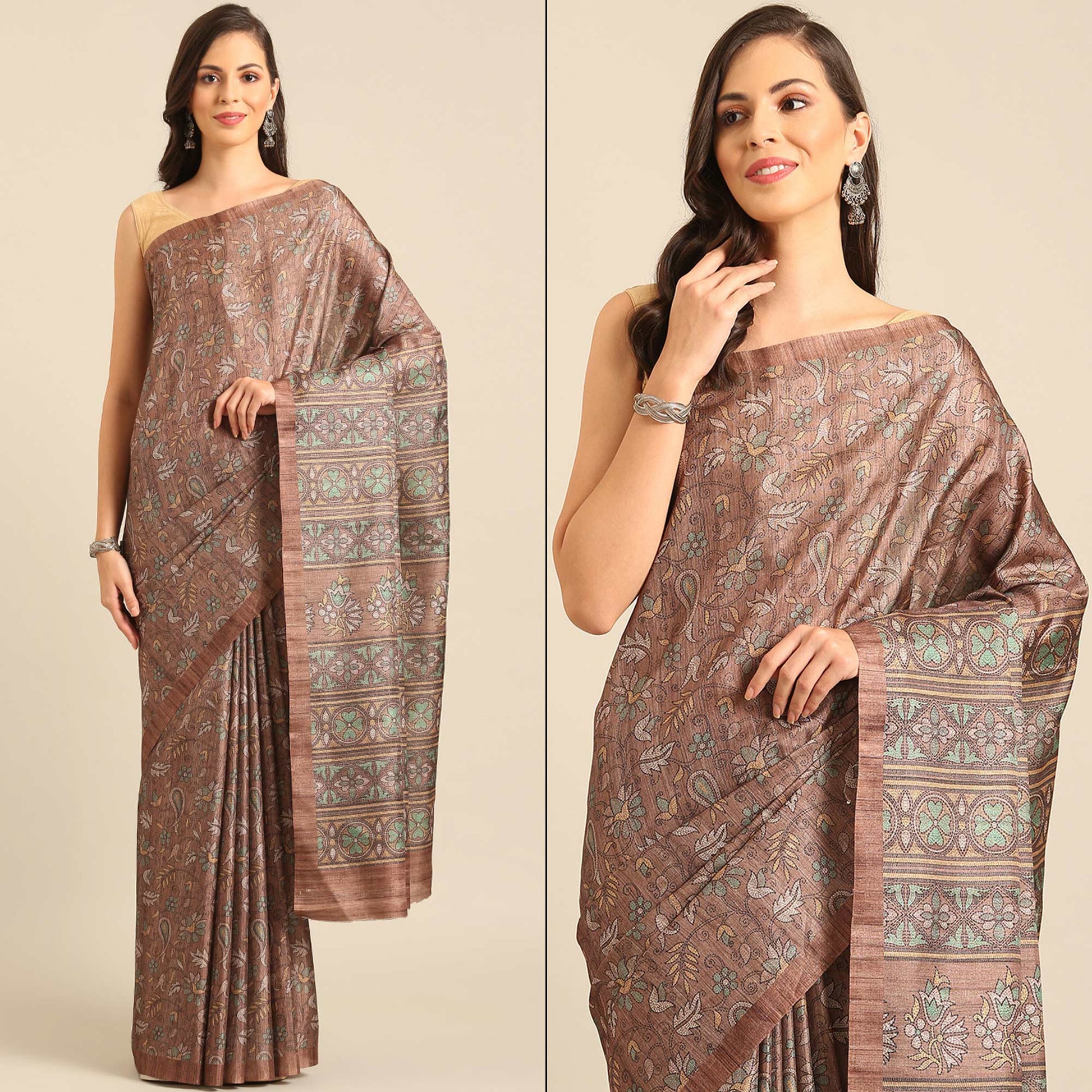 Brown Floral Digital Printed Cotton Blend Saree