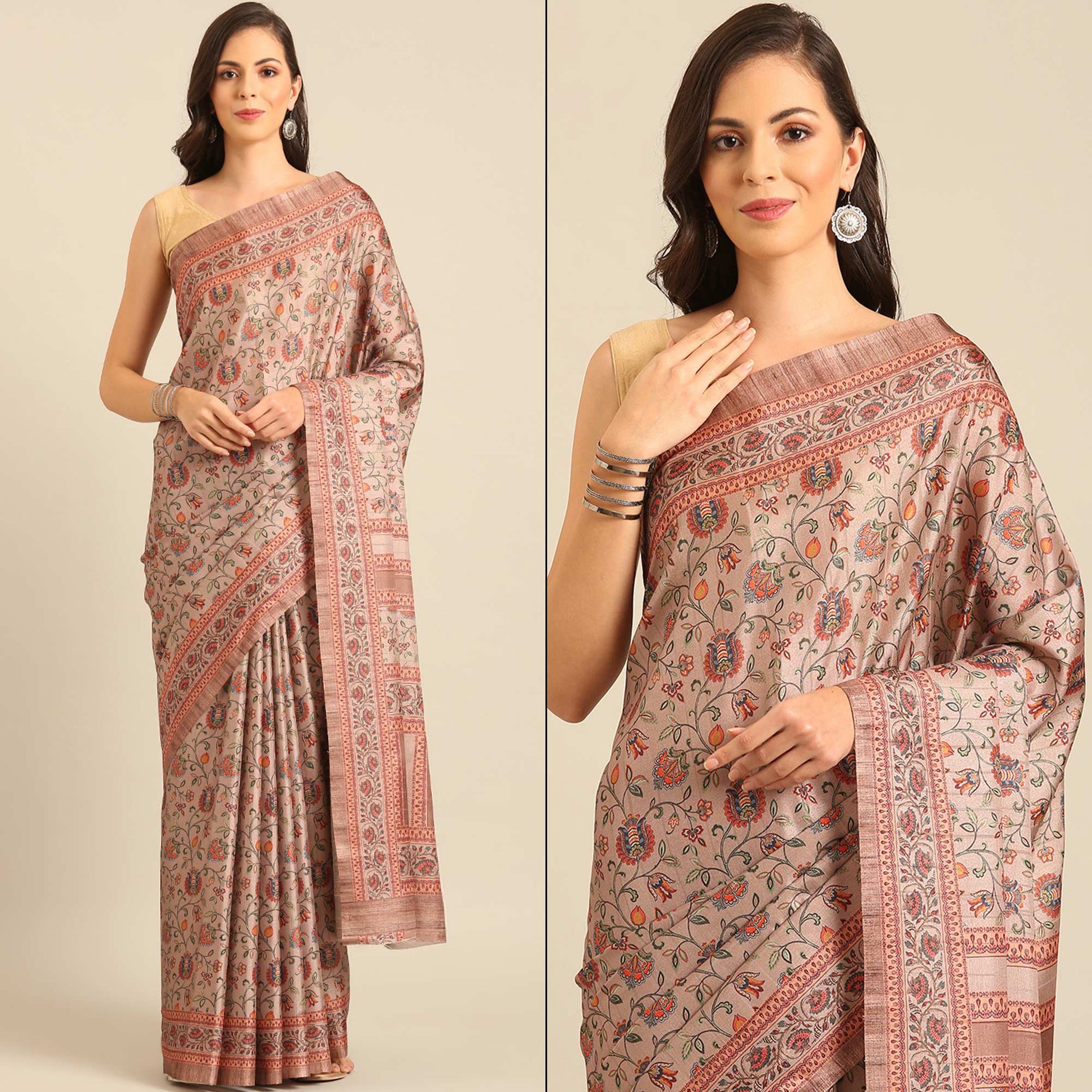 Light Peach Floral Digital Printed Cotton Blend Saree