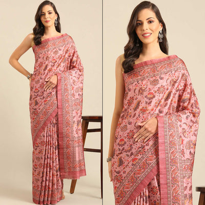 Light Pink Floral Digital Printed Cotton Blend Saree