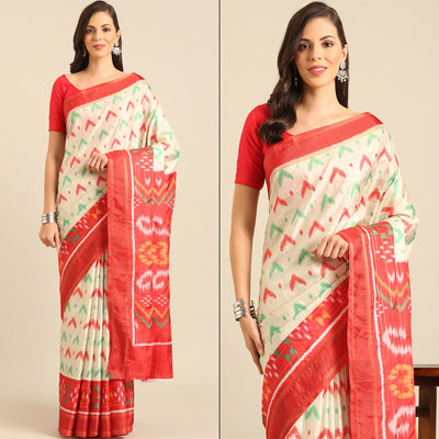 Cream Digital Patola Printed Cotton Blend Saree
