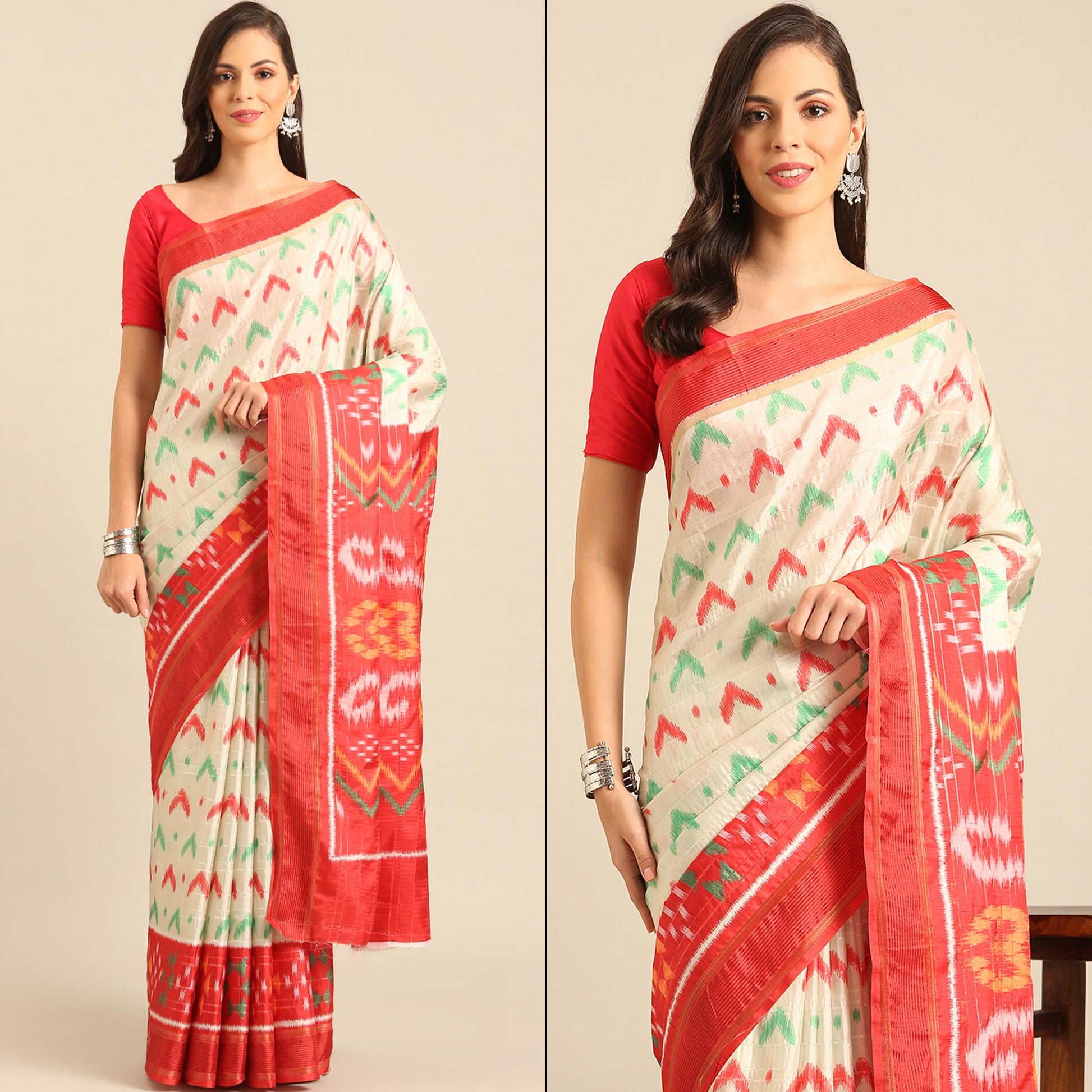 Cream Digital Patola Printed Cotton Blend Saree