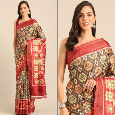Brown Digital Patola Printed Cotton Blend Saree