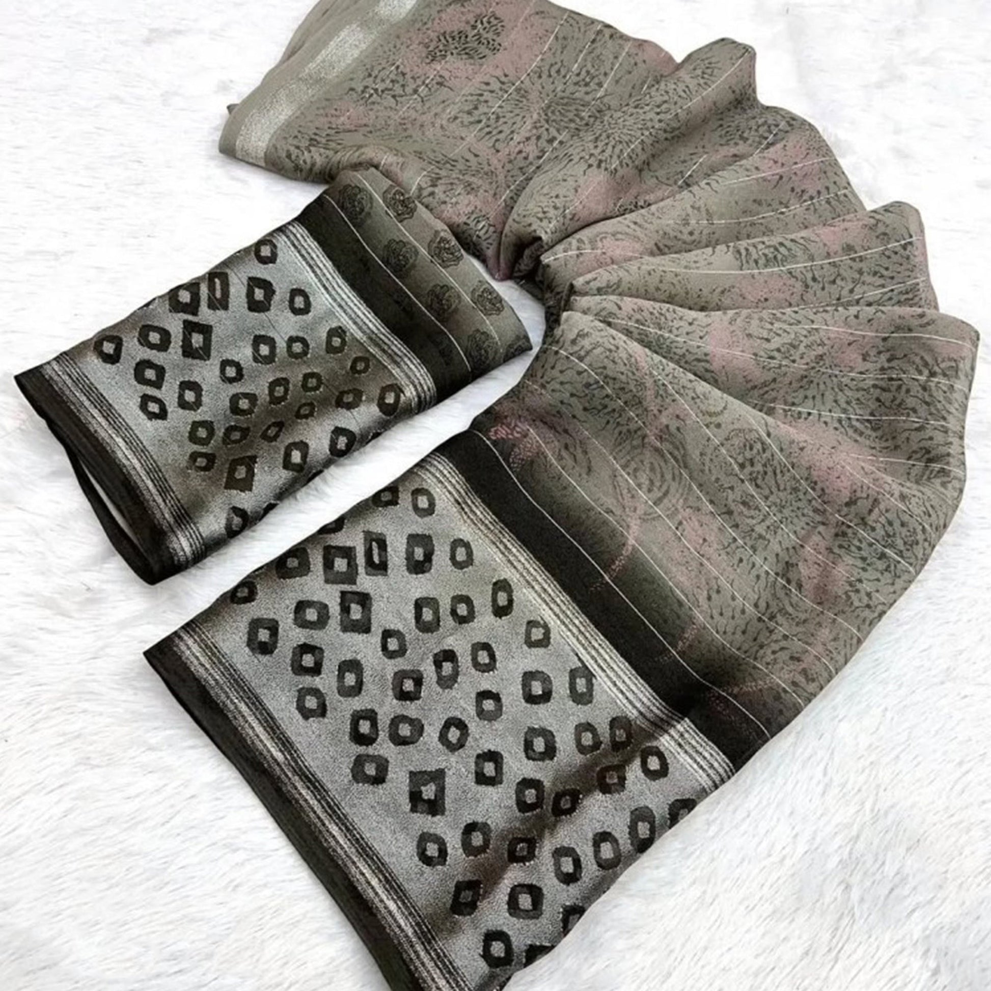 Light Brown Floral Printed Chiffon Saree