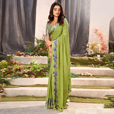 1green-floral-foil-printed-chiffon-saree-with-tassels