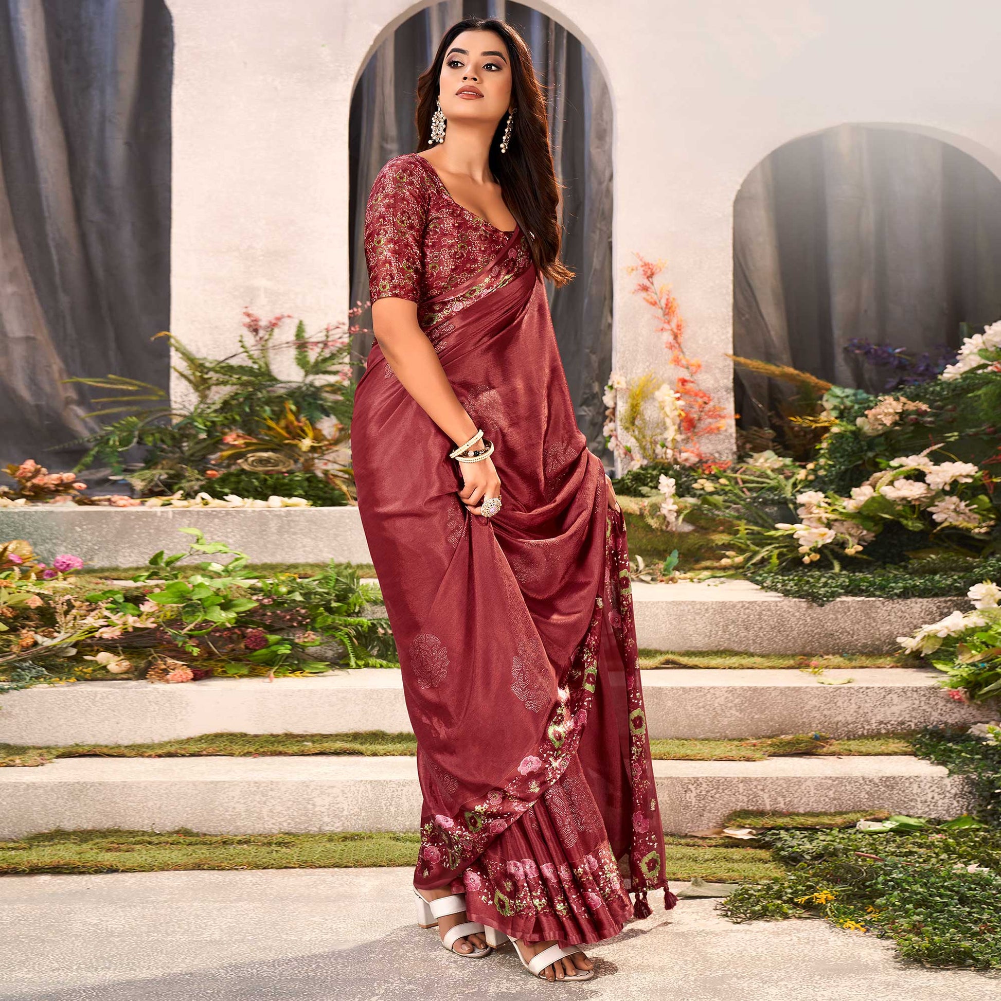 Maroon Floral Foil Printed Chiffon Saree With Tassels