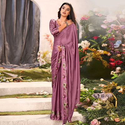 Mauve Floral Foil Printed Chiffon Saree With Tassels