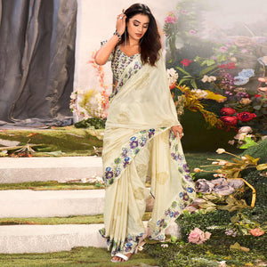 Cream Floral Foil Printed Chiffon Saree With Tassels