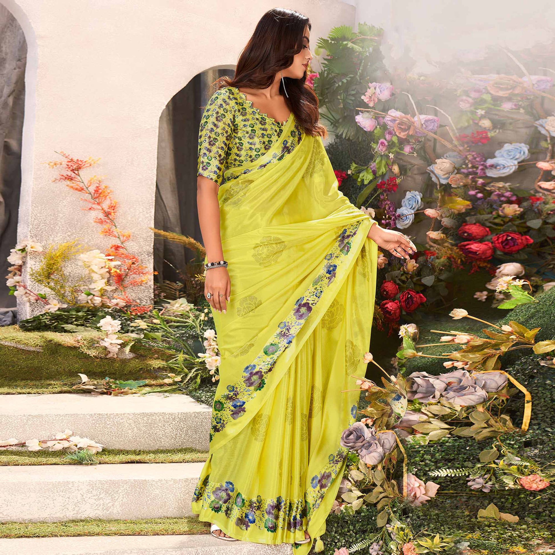 Lemon Green Floral Foil Printed Chiffon Saree With Tassels