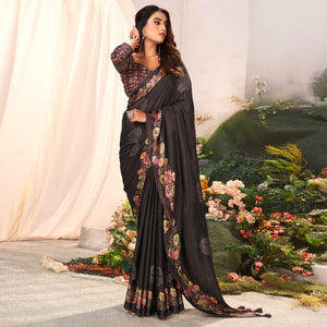 Dark Brown Floral Foil Printed Chiffon Saree With Tassels