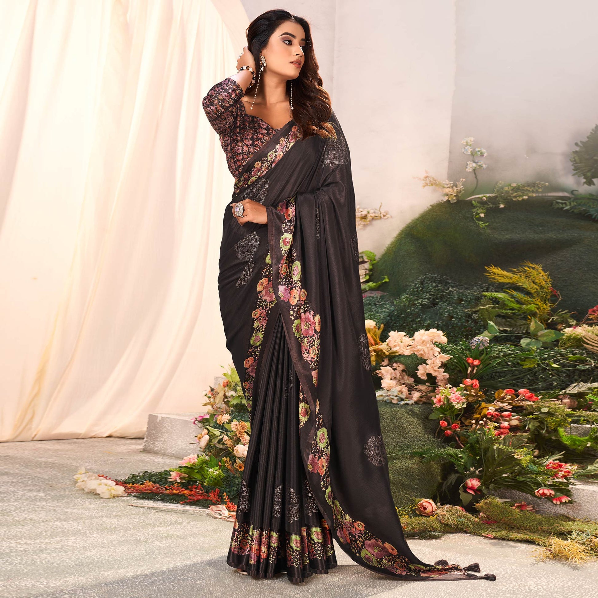 Dark Brown Floral Foil Printed Chiffon Saree With Tassels