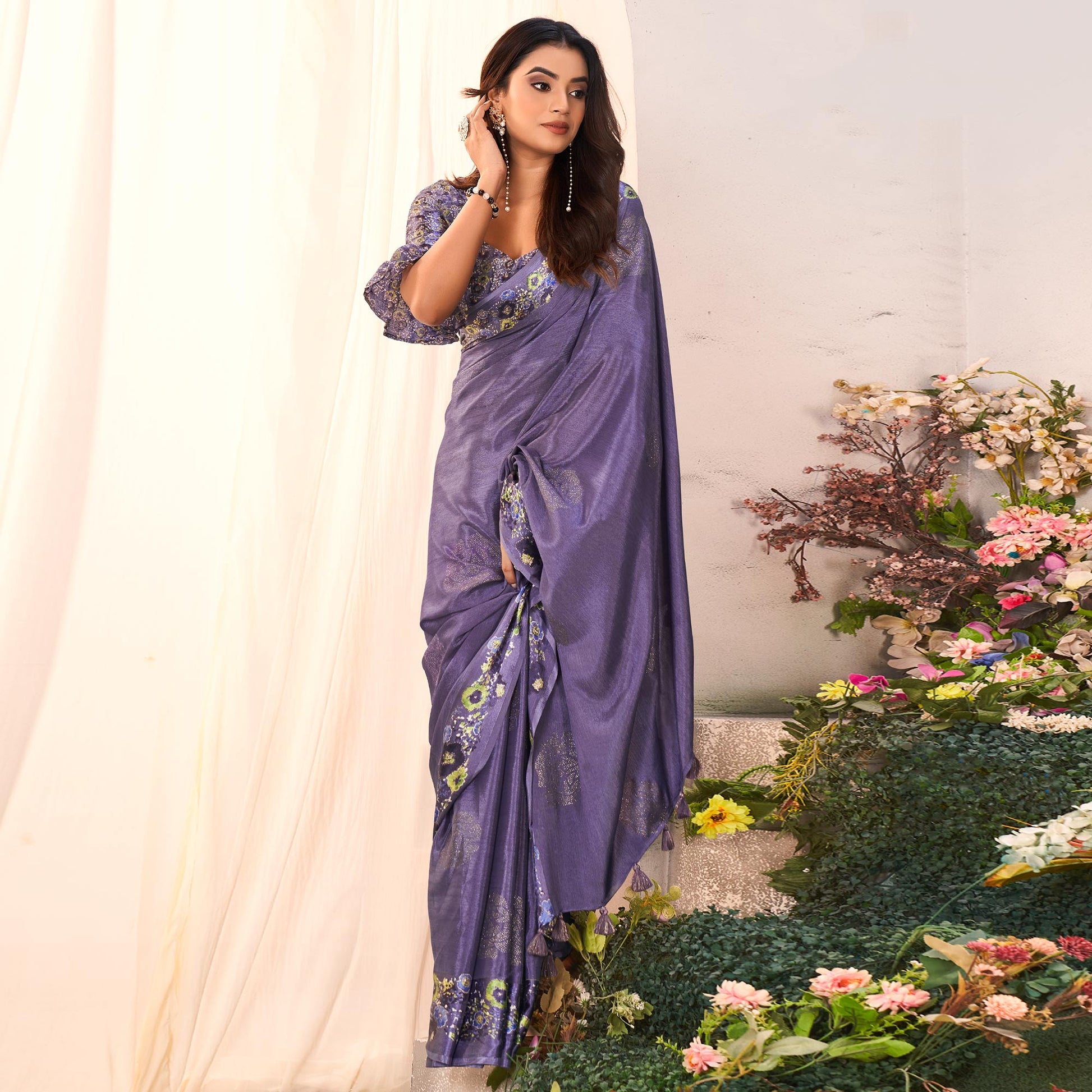 Lavender Floral Foil Printed Chiffon Saree With Tassels