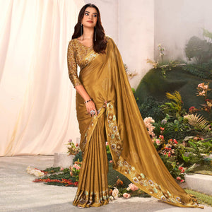 Gold Floral Foil Printed Chiffon Saree With Tassels