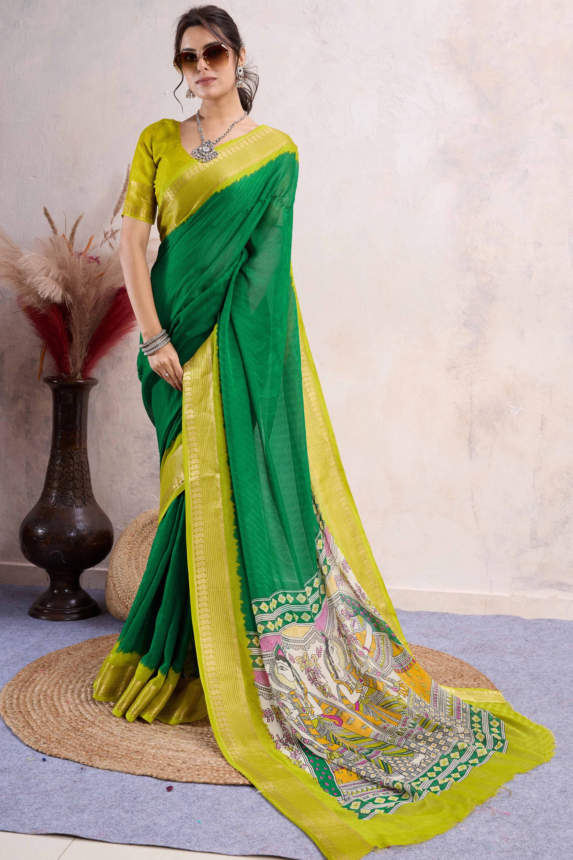 green-printed-cotton-silk-saree-with-jacquard-border-2
