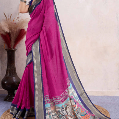 Magenta Printed Cotton Silk Saree With Jacquard Border