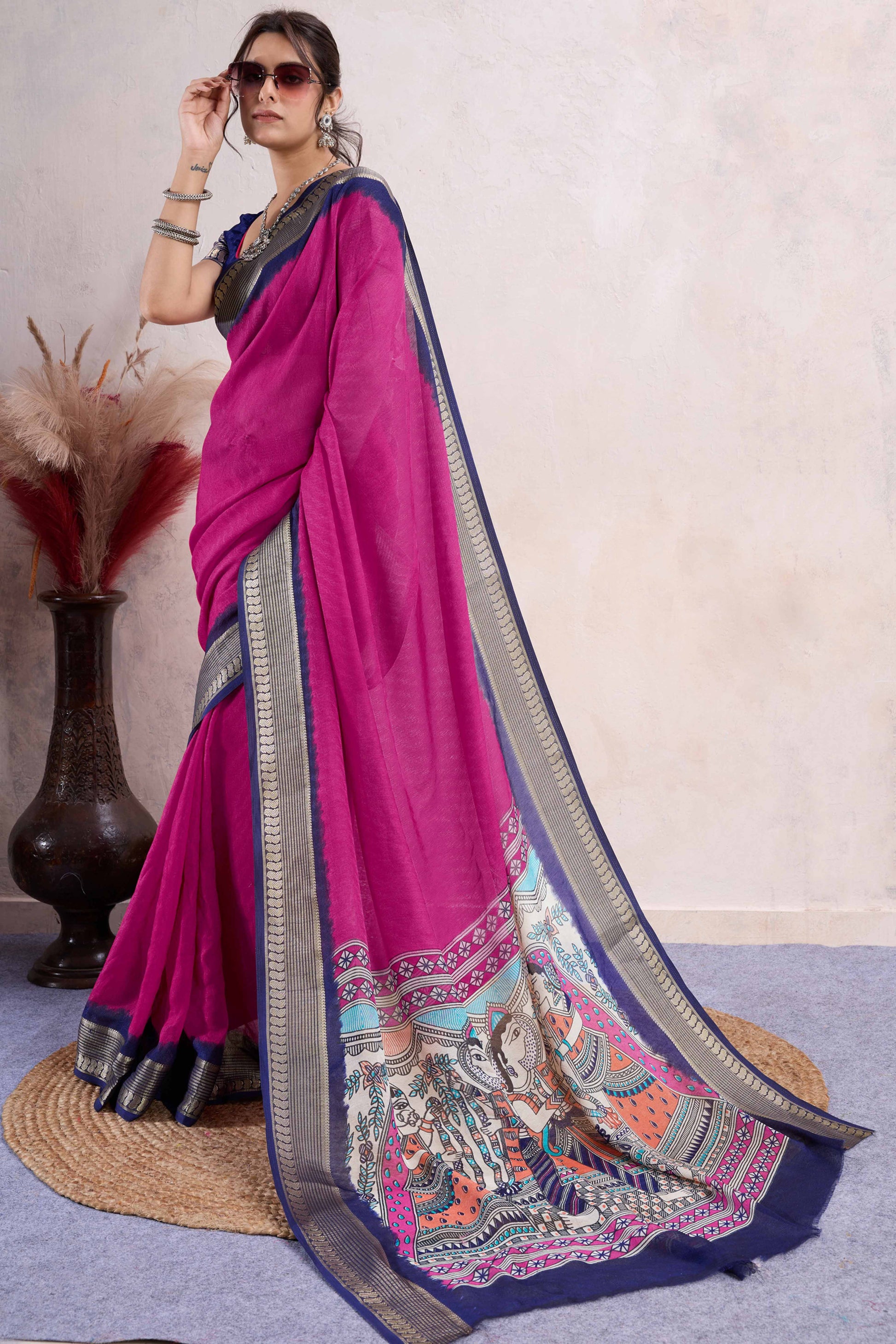 Magenta Printed Cotton Silk Saree With Jacquard Border