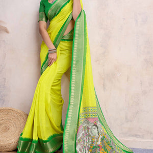 Lemon Yellow Printed Cotton Silk Saree With Jacquard Border