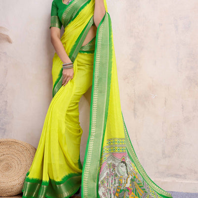 Lemon Yellow Printed Cotton Silk Saree With Jacquard Border
