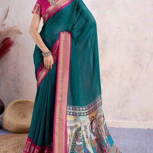 Morpich Green Printed Cotton Silk Saree With Jacquard Border