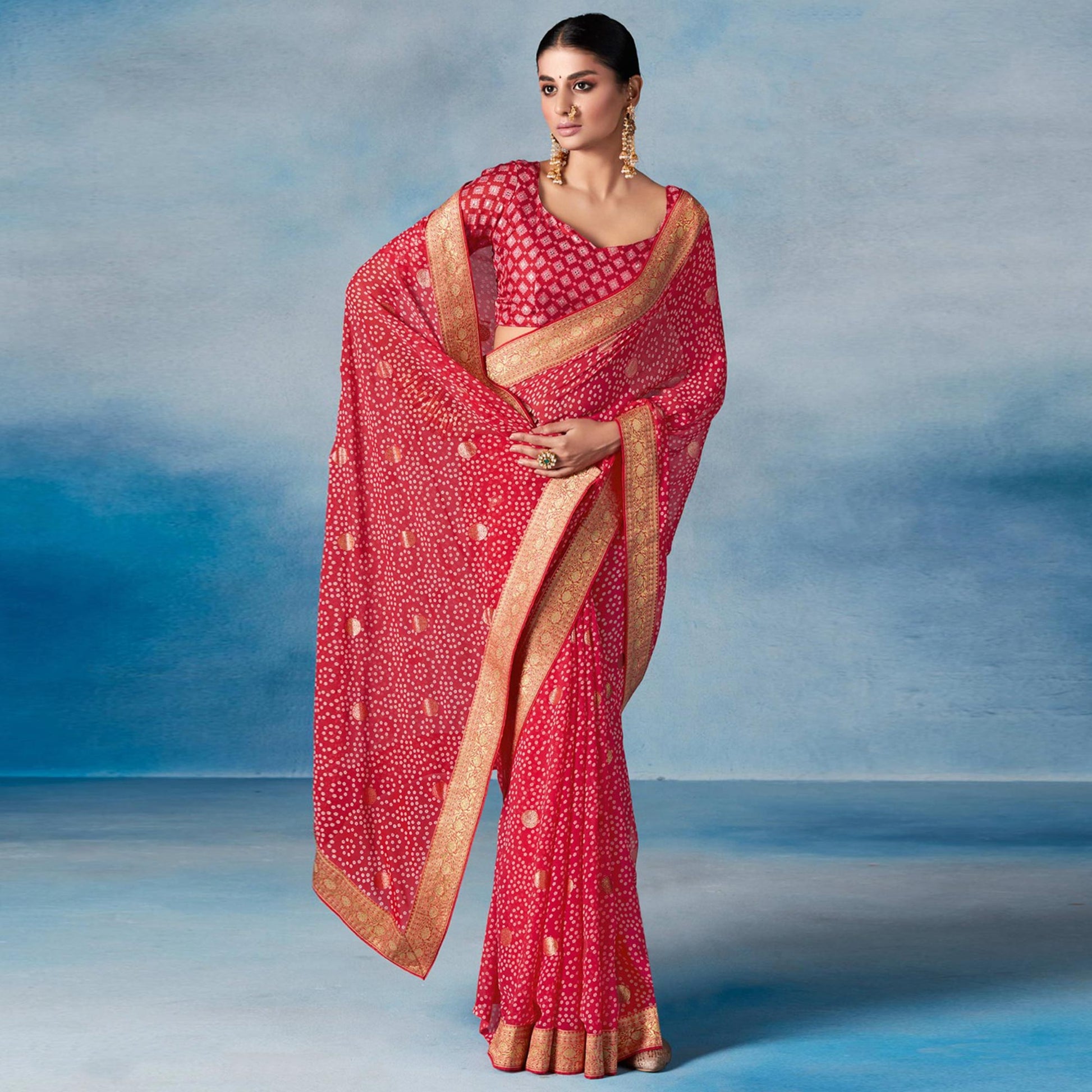 Gajari Pink Bandhani Foil Printed Georgette Saree