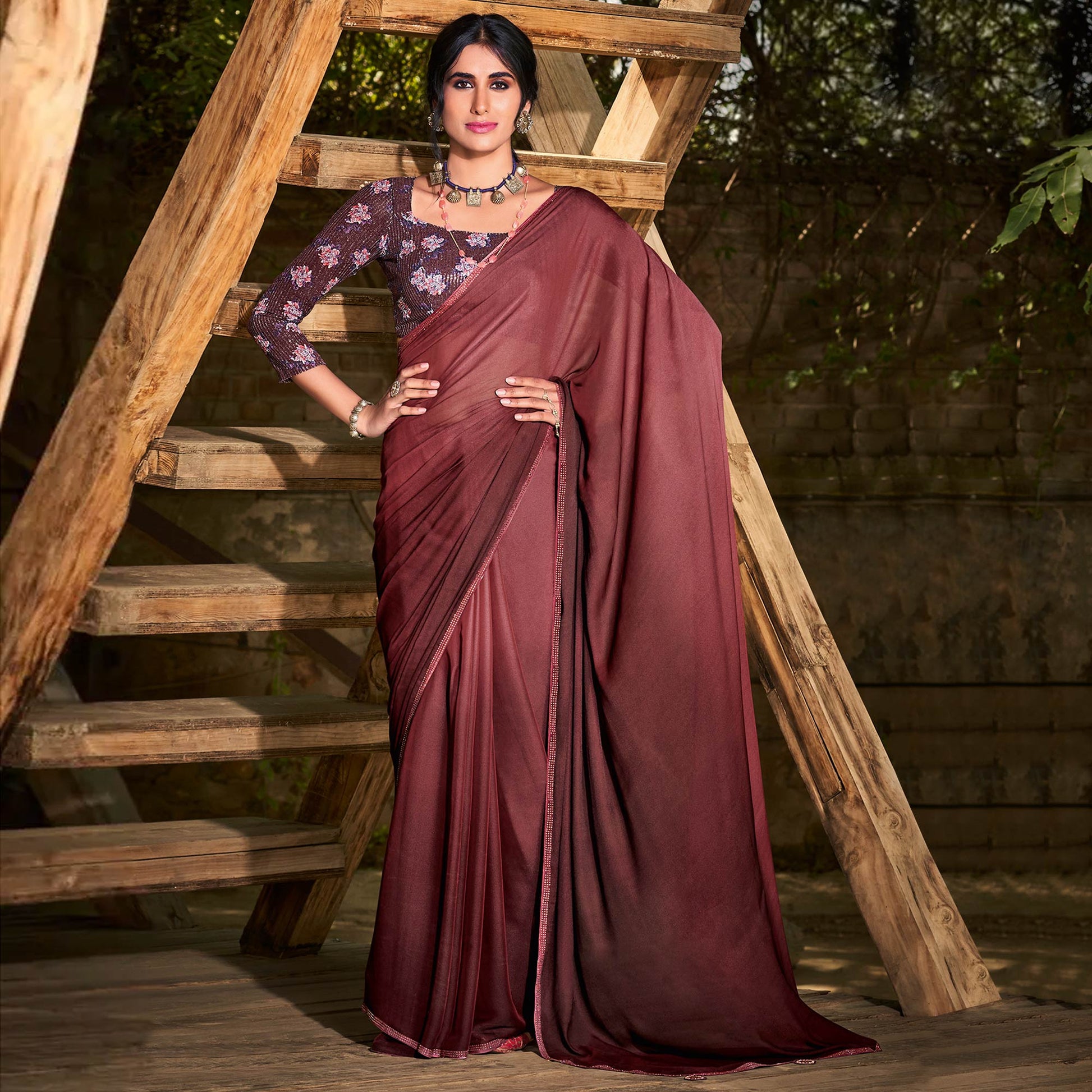 Dark Maroon Printed With Swarovski Work Chiffon Ombre Saree