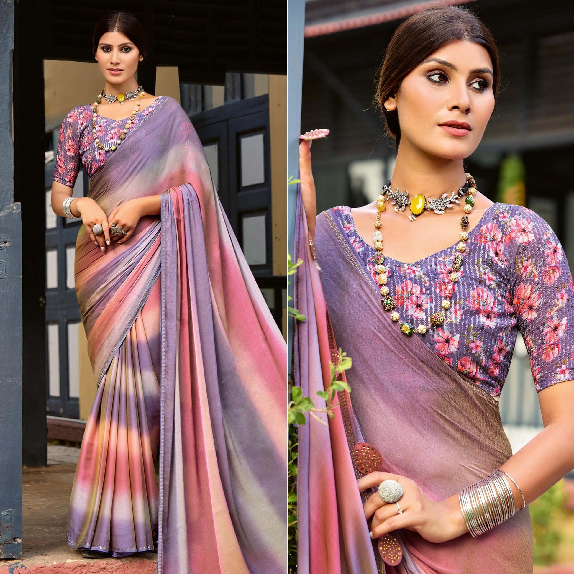Mauve Ombre Print Chiffon Sarees