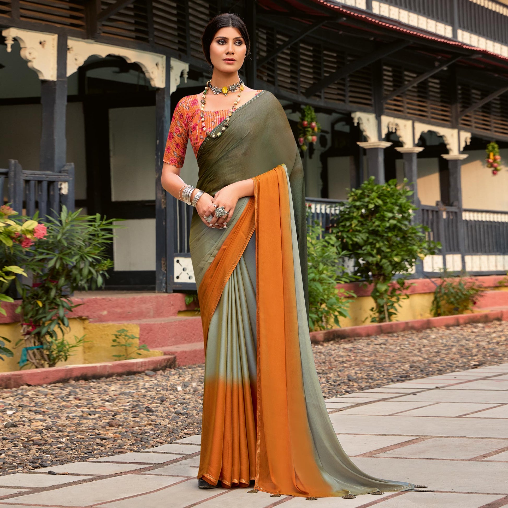 Mehandi Green & Orange Ombre Print Chiffon Sarees
