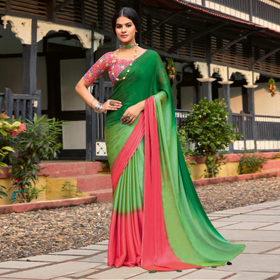 Dark Green & Red Ombre Print Chiffon Sarees