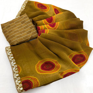 Chikoo Bandhani Printed Georgette Saree With Sequins Border